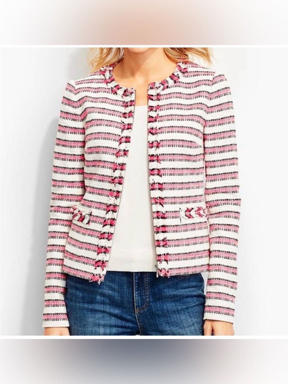 TALBOTS Striped Tweed Fringe Jacket 10P